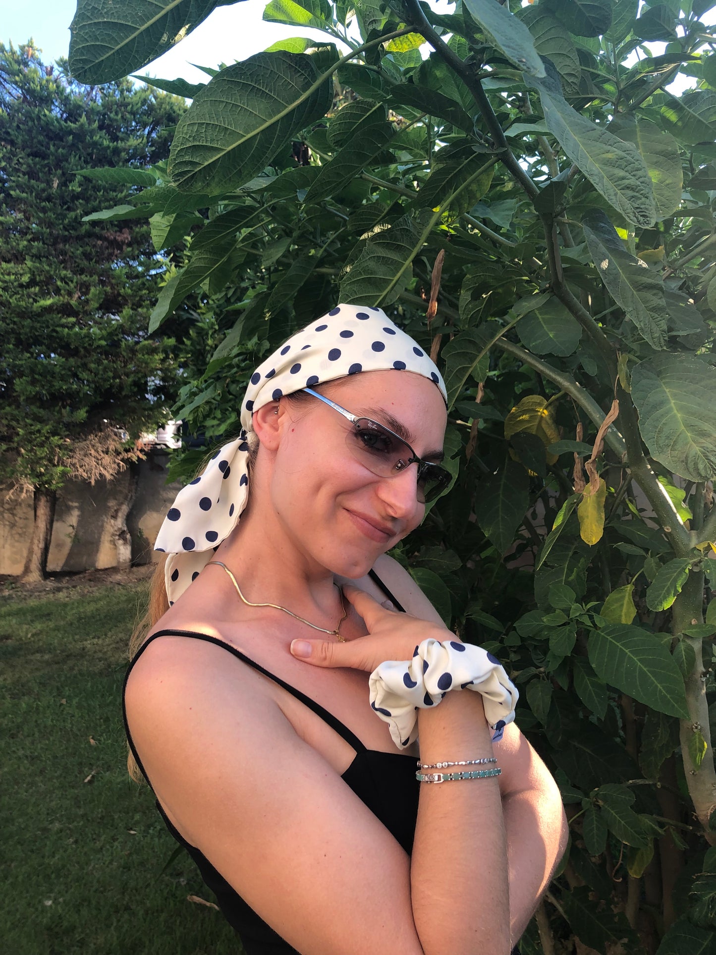 Henceforth | Melsas 100% Silk Polka Dot Hair Scarf 107x9 cm | Hair, Neck, Arm, Bag