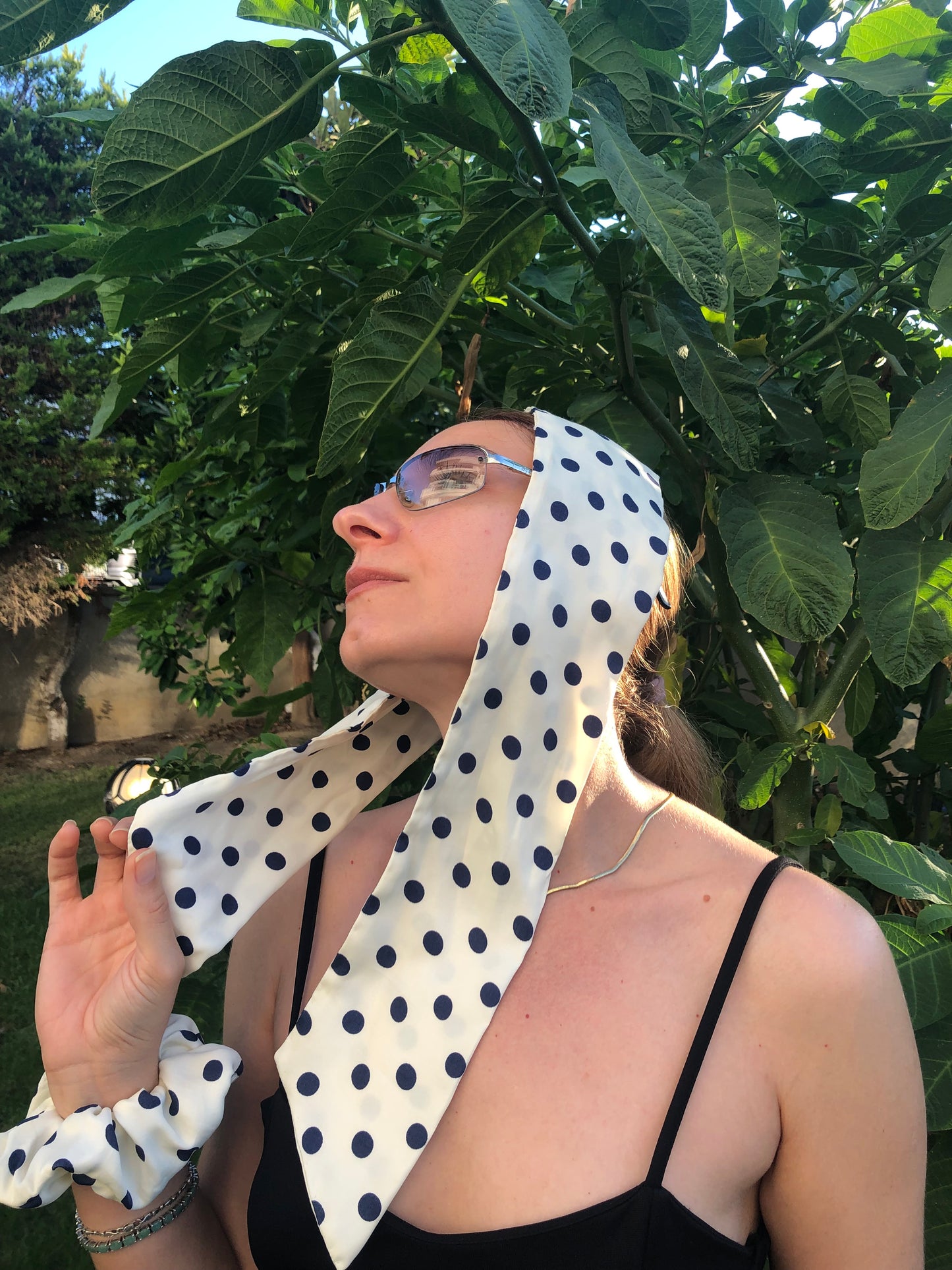 Henceforth | Melsas 100% Silk Polka Dot Hair Scarf 107x9 cm | Hair, Neck, Arm, Bag