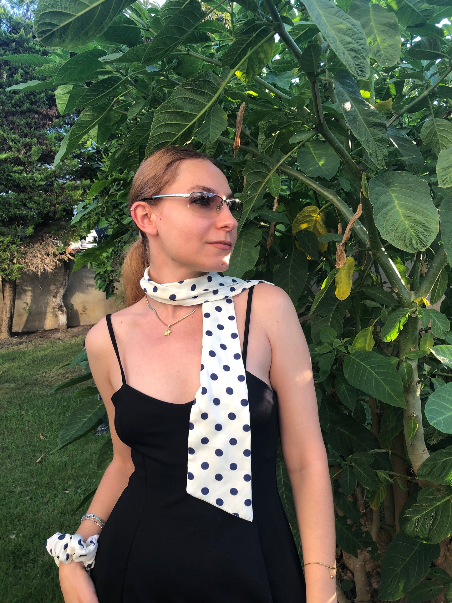 Henceforth | Melsas 100% Silk Polka Dot Hair Scarf 107x9 cm | Hair, Neck, Arm, Bag