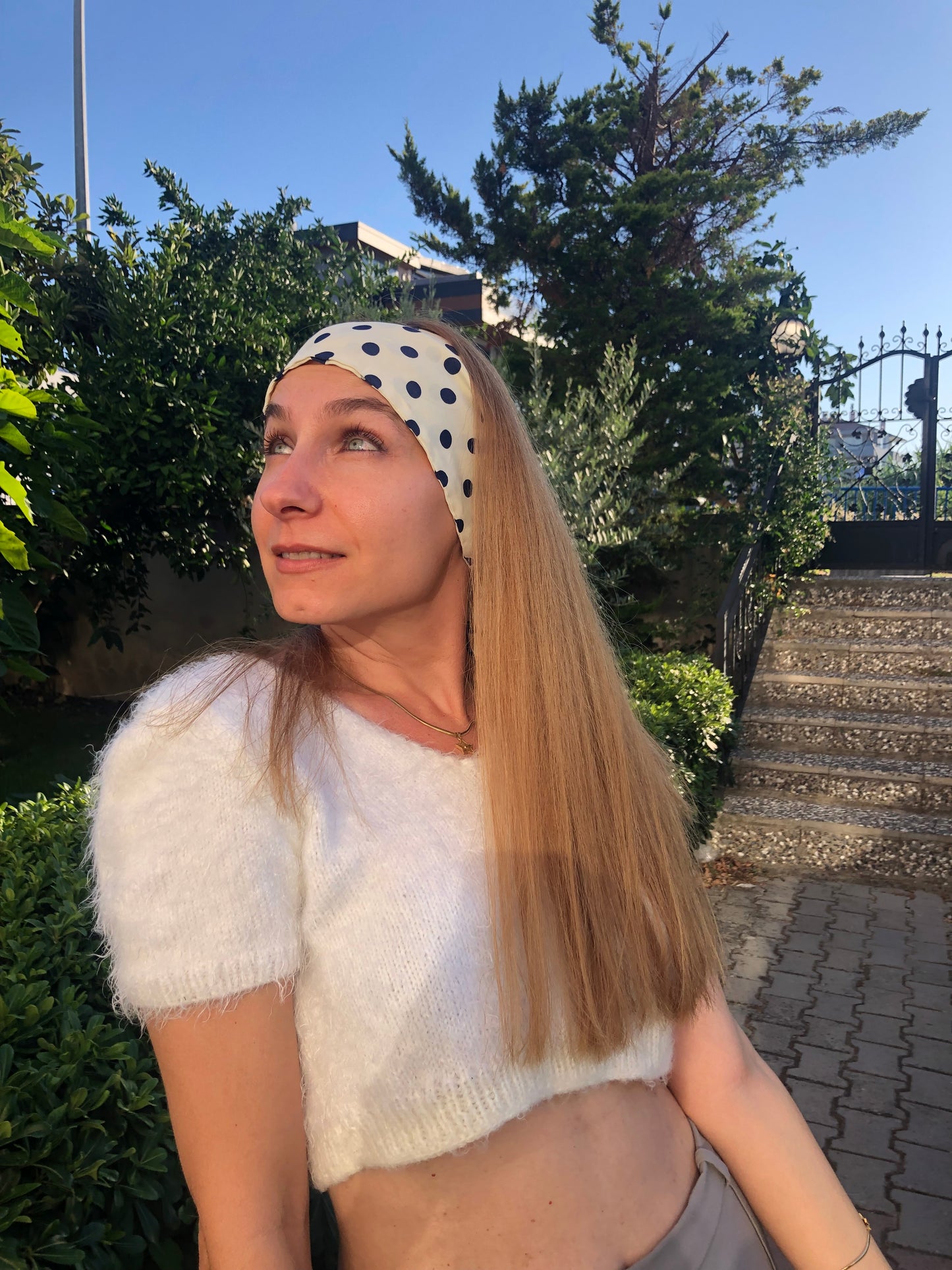 Henceforth | Melsas 100% Silk Polka Dot Hair Scarf 107x9 cm | Hair, Neck, Arm, Bag