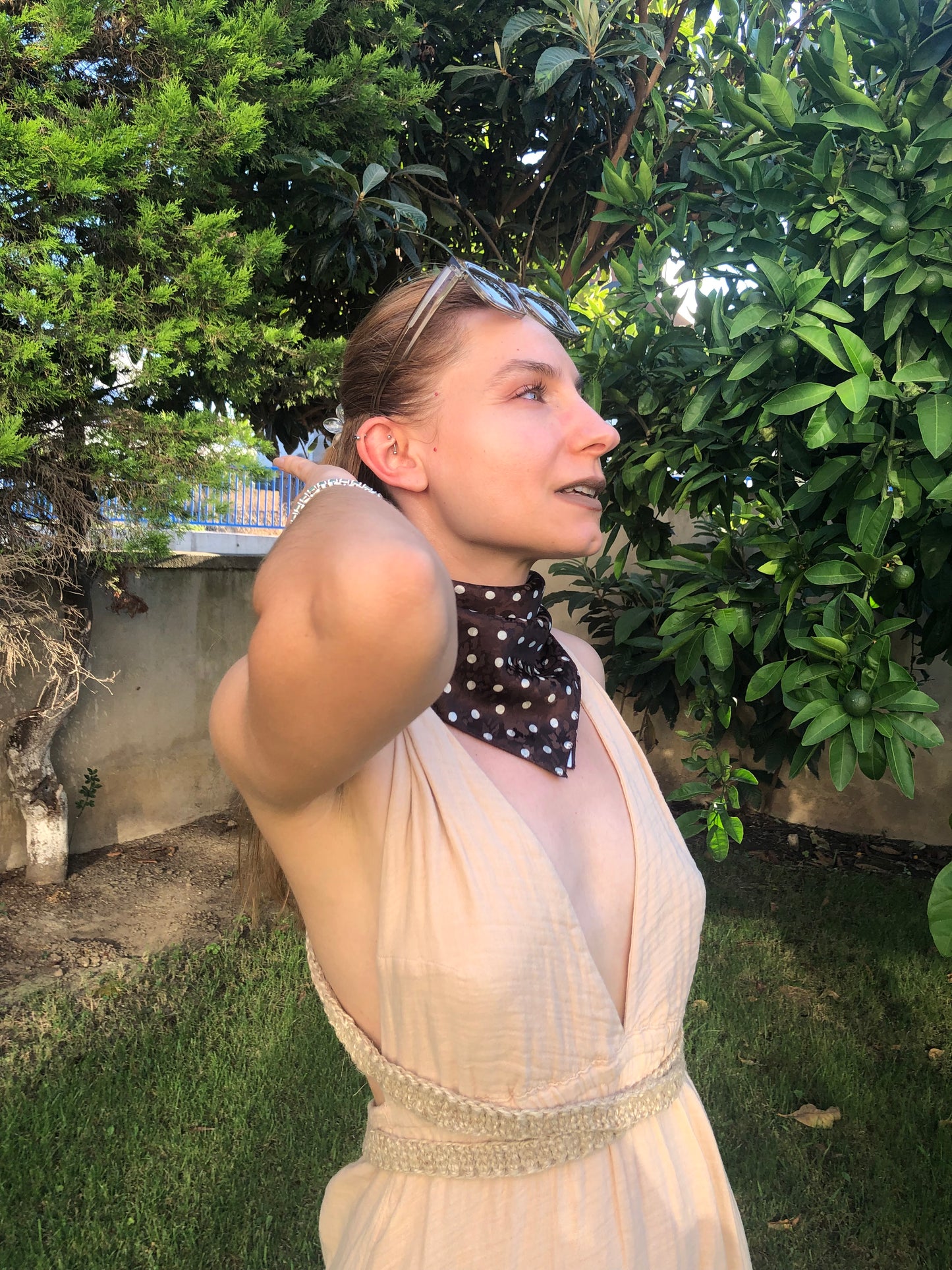 At The Moment | Melsas 100% Silk Polka Dot Scarf 43x43 | Neck, Arm, Hair, Trousers